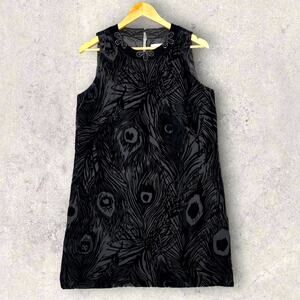 ECI New York Black Velvet Burnout Shift Dress Peacock Design Embellished Neck 8